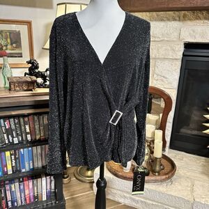 Vtg Y2K Onyx Nite Metallic Side Ruched Long Sleeve Faux Wrap Top Size 1X Black